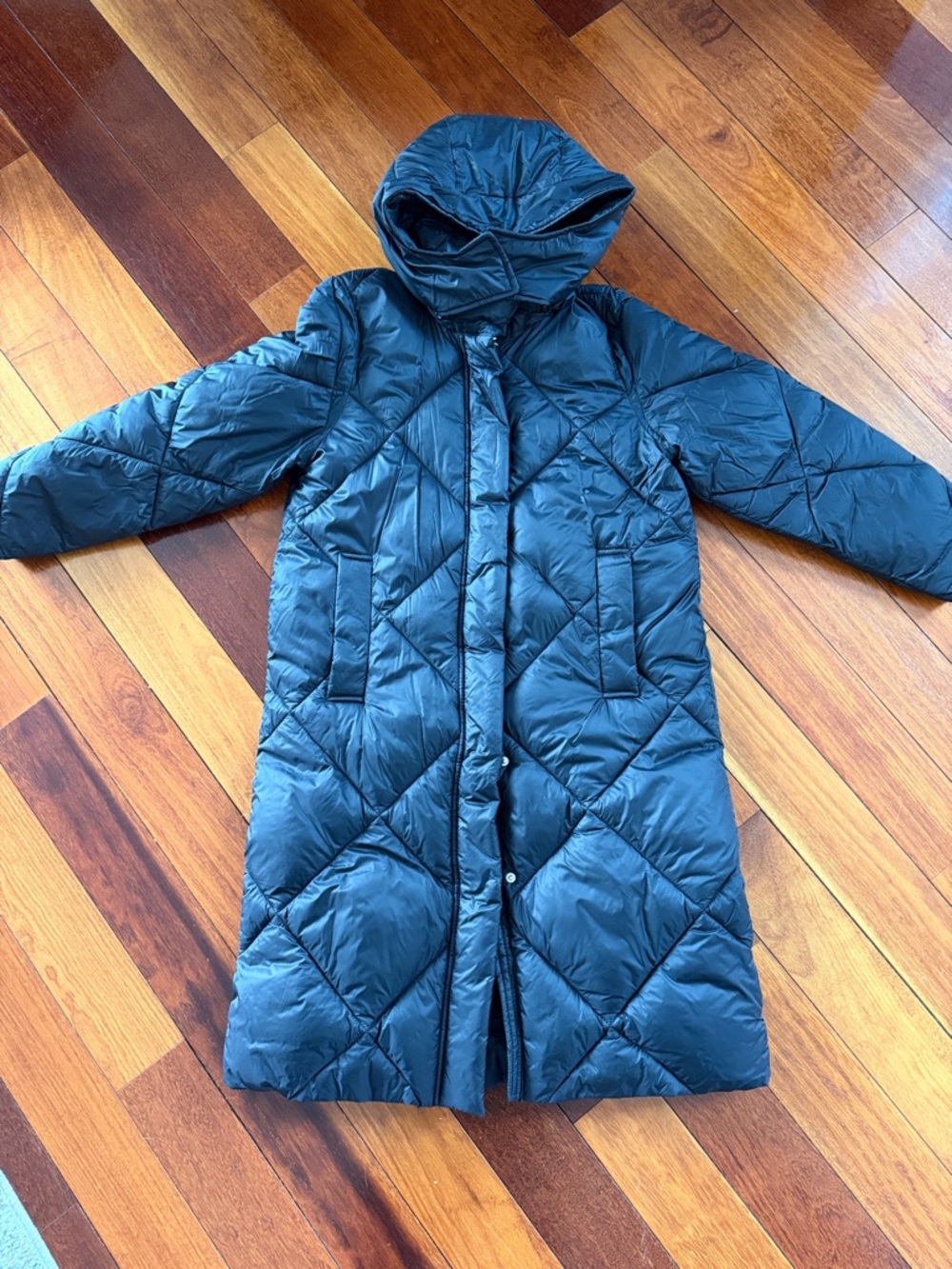 Abercrombie Long Puffer Black Coat, Hooded Winter Jacket, Maxi Length XXS